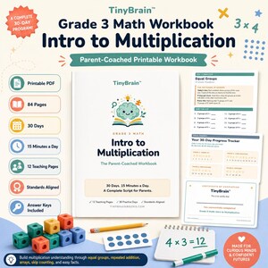 May include: A Grade 3 Math Workbook titled Intro to Multiplication by TinyBrain. The set includes a 84-page printable PDF, a 30-day progress tracker, teaching pages, and answer keys. Also shown are colorful plastic cubes, a pencil, and a notepad.