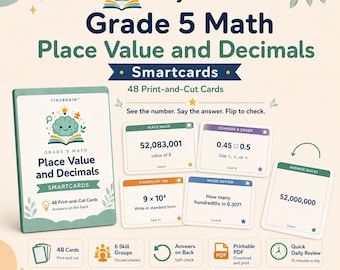 Tarjetas inteligentes (digitales) de matemáticas de 5.º grado sobre valor posicional y decimales