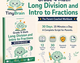 Cuaderno de ejercicios de matemáticas para cuarto grado: División larga e introducción a las fracciones (digital)