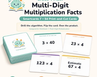 Tarjetas inteligentes (digitales) de matemáticas de 4.º grado con tablas de multiplicar de varios dígitos