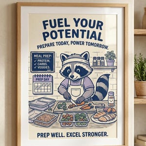 Op de afbeelding: Een ingelijste print met een cartoon wasbeer kok die een maaltijd bereidt. De print bevat de tekst "Fuel Your Potential" en "Prepare Today, Power Tomorrow". De wasbeer snijdt groenten, met bakjes voor maaltijdbereiding en voedsel.