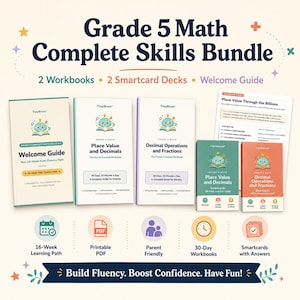 May include: Grade 5 Math Complete Skills Bundle including two workbooks, two smartcard decks, and a welcome guide. The set features educational materials titled Place Value and Decimals and Decimal Operations and Fractions with a brain logo.