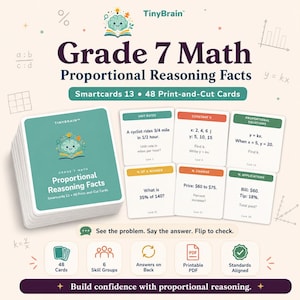 May include: A set of Grade 7 Math Proportional Reasoning Facts smartcards by TinyBrain. The deck includes 48 print-and-cut cards featuring maths problems on unit rates, constant k, proportional equations, percentages, and applications with answers.