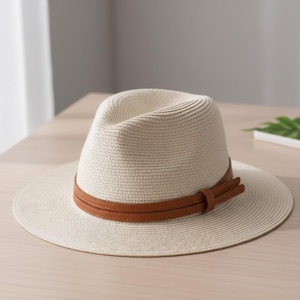 Può includere: Un cappello fedora color crema con una fascia in pelle marrone. Il cappello ha una corona strutturata e un'ampia tesa. Il cappello è appoggiato su una superficie di legno chiaro.