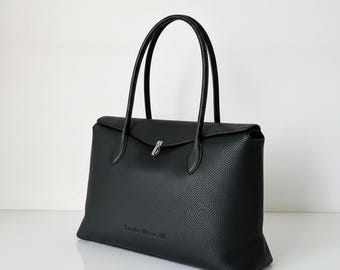 Black Leather Tote Bag, Minimalist Work Handbag, Elegant Shoulder Purse