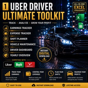 Excel-verktygslåda för Uber och samåkning | Inkomst, utgifter, vinst, spårning | Mall för skiftplanering