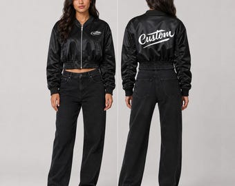Custom Cropped Satin Bomber Jacket | Personalized Name Logo Streetwear