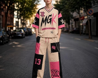 MGK Inspired 2-Piece Set | Pop Punk Patchwork Pants & V-Neck Jersey Skater Streetwear