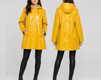 Unisex gul glansig PVC-regnjacka | Vattentäta regnkläder med huva för camping, vandring