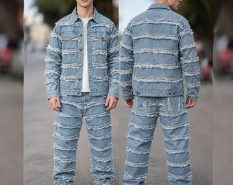 Herren Distressed Denim Set | Ausgefranste Kante Y2K Streetwear Outfit