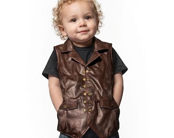 Débardeur marron en similicuir pour enfant : Gilet steampunk western effet vieilli pour garçon