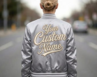 Benutzerdefinierte Silber Satin Varsity Jacke | Personalisierte Bomber Name Logo