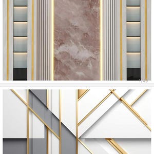May include: Architectural wall panel design with a central marble-effect section, vertical lines, and illuminated shelves. Gold accents and a warm light strip enhance the design. The second image shows a geometric design with white, grey, and gold elements.