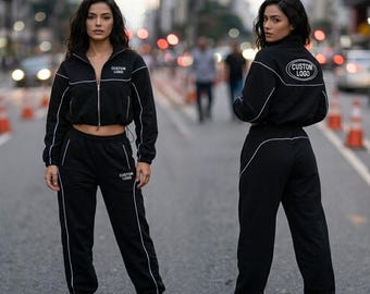 Benutzerdefiniertes Logo Trainingsanzug Set | Cropped Jacke & Jogger mit Kontrastpaspelierung