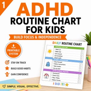 Puede incluir: Un gráfico de rutina de TDAH imprimible para niños, diseñado para desarrollar el enfoque y la independencia. El gráfico presenta una lista de verificación de rutina diaria con secciones para la mañana, la escuela/tareas y las actividades después de la escuela. Con el texto "I DID IT!"