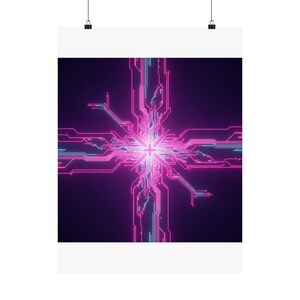 Puede incluir: Un póster con un diseño abstracto vibrante de líneas rosas y azules neón sobre un fondo morado oscuro. Las líneas interconectadas irradian desde un punto central, creando una estética futurista y tecnológica.