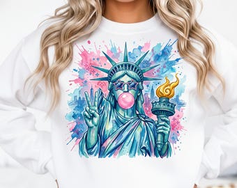 Estatua de la Libertad soplando burbujas con pinceladas estilo preppy PNG, EE. UU. PNG, diseño del 4 de julio en Estados Unidos PNG, PNG femenino