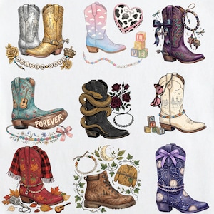 May include: A collection of nine illustrated cowboy boots and one hiking boot, featuring diverse designs including castle motifs, clouds, snakes, roses, city skylines, autumn leaves, and celestial patterns, accented with beads, bows, and text.
