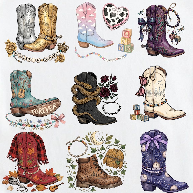 May include: A collection of nine illustrated cowboy boots and one hiking boot, featuring diverse designs including castle motifs, clouds, snakes, roses, city skylines, autumn leaves, and celestial patterns, accented with beads, bows, and text.