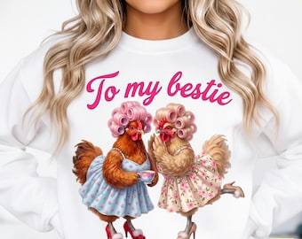 Pollo divertido para mejores amigas SVG PNG PDF / Gallinas chismosas retro para sublimación / Gráfico de animales de granja con rulos para el cabello / Descarga digital vintage para mejores amigas