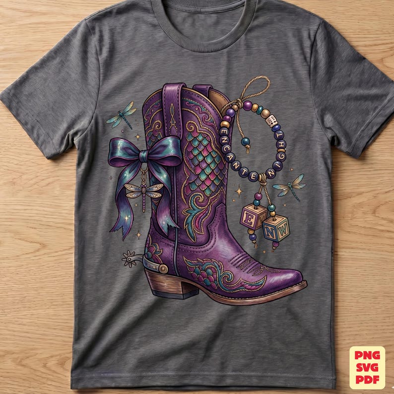 May include: A charcoal gray t-shirt featuring a graphic of a purple cowboy boot with intricate teal and pink scale patterns. The boot is adorned with a large blue bow, a dragonfly, and a beaded charm bracelet with blocks spelling ENCHANT.