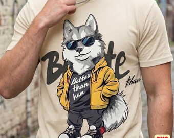 Imagen PNG de un husky urbano con estilo retro / Perro con gafas de sol estilo cómic retro (descarga digital) / Diseño de sublimación de lobo urbano estilo pop art para camisetas
