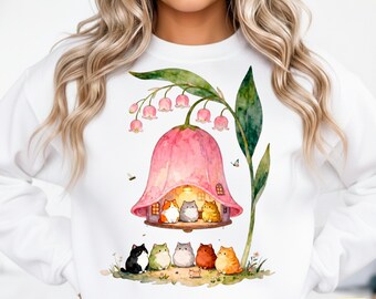 Whimsical Watercolor Cat Flower House SVG PNG PDF | Botanical Cottagecore Sublimation | Cute Chubby Kittens Graphic | Digital Download