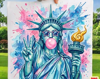 Preppy Brushstroke Statue of Liberty Blowing Bubble Png, USA Png, America 4th July Png Design, Girly Png