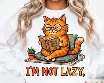 Gráfico divertido de gato leyendo / Diseño de gato atigrado naranja introvertido (Descarga digital)