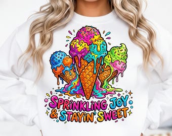 Sprinkling Joy Stayin Sweet SVG PNG PDF / Sublimación de helado estilo retro pop art / Gráfico de postre de verano neón / Descarga digital colorida