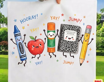PNG de regreso a clases, PNG de útiles escolares lindos, diseño de camiseta para maestros, gráfico de cuaderno de lápiz de manzana y crayón, PNG de sublimación, imágenes prediseñadas escolares