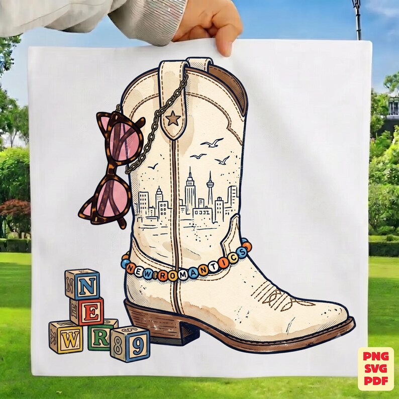 May include: A white cowboy boot illustration featuring a city skyline, a star, and birds. A chain holds tortoise-shell sunglasses to the boot. A beaded bracelet reads "NEW ROMANTICS" around the ankle. Four alphabet blocks spell "NEW R 89".