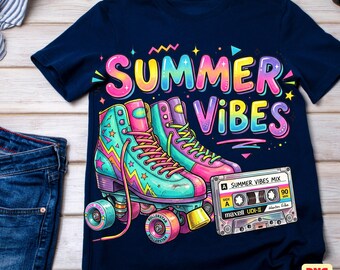 Summer Vibes SVG PNG PDF | Retro Roller Skates Sublimation | 90s Neon Cassette Tape Graphic | Vintage Summer Digital Download