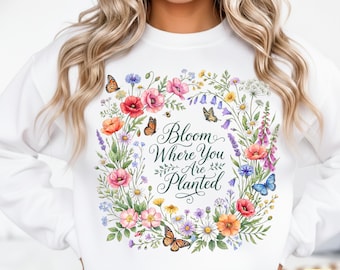 Florece donde estés (SVG, PNG, PDF) / Corona de flores silvestres para sublimación / Gráfico con cita botánica inspiradora / Descarga digital floral