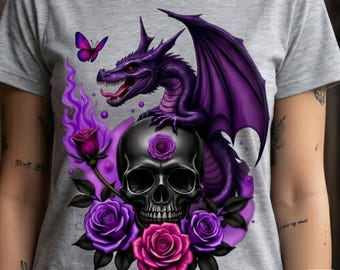 Calavera de dragón gótico SVG PNG PDF / Sublimación de dragón púrpura de fantasía oscura / Gráfico de calavera y rosas / Descarga digital emo gótico vanguardista