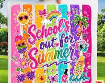 ¡Se acabaron las clases! SVG PNG PDF / Sublimación de garabatos vibrantes / Gráfico de rayas coloridas retro / Descarga digital de fin de año