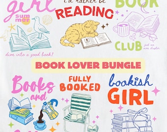 Paquete para amantes de los libros en formato SVG, PNG y PDF / Sublimación para lectura de verano / Gráfico retro de chica lectora con café / Imágenes prediseñadas para clubes de lectura (descarga digital)