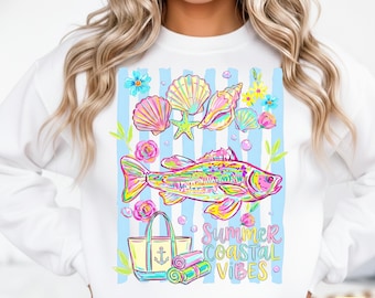 PNG con ambiente costero veraniego, gráfico playero preppy, sublimación de peces en tonos pastel, diseño de camiseta con conchas de neón, SVG de verano costero, descarga digital