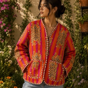 Hand Block Print Quilted Cotton Jacket, Reversible Indian Floral Padded Outerwear