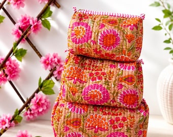 Tiger Print Cotton Toiletry Bag Set: Quilted Boho Cosmetic Travel Pouches