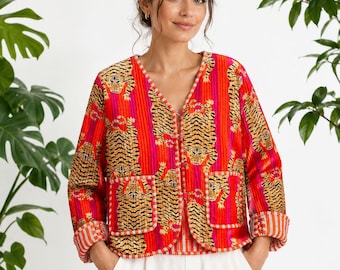 Chaqueta acolchada con estampado de bloques a mano / Abrigo de algodón indio Kantha estilo boho para superponer capas