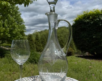 Vintage Romanian Floral Etched Glass Decanter with 6 Stemmed Wine Glasses