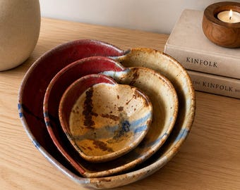 Vintage Steve Ayers Pottery Nesting Heart Bowls - Signed 1993 Studio Stoneware - Cobalt Blue