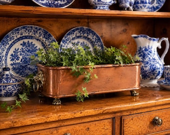Vintage English Copper Planter Cachepot,  Lion Head Handles Paw Feet Jardiniere, Made in England