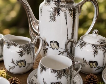 Vintage Owl Bamboo Kutani Tea Set, Hand Painted Porcelain, Mid Century Asian Decor
