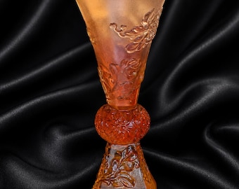 Signed Liuli Gongfang Amber Crystal Goblet Vase with Original Box Booklet & Card 5 7/8"