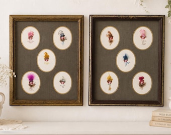 Vintage Mixed Media Button Face Portraits Pair Antique Milk Glass Underwear Buttons Feather Art Kansas City 1946 Provenance