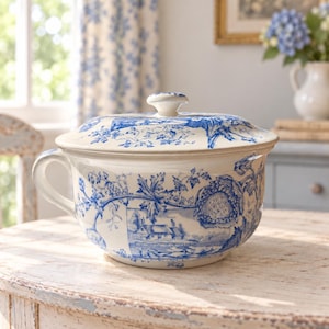 May include: A white ceramic chamber pot with a lid, featuring a blue transferware pattern of rural landscapes, cottages, and floral motifs. The vessel has a single side handle and a rounded knob on the lid, with a glossy finish throughout.