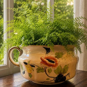 May include: A cream-colored ceramic planter with a single handle, featuring a hand-painted floral design with orange, yellow, and black flowers and green leaves. The planter is filled with a lush, vibrant green fern plant with delicate, feathery fronds.