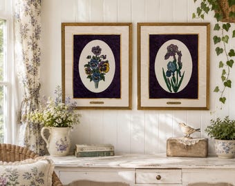 Arazzo vintage di sabbia di Helen Stanley, opera d'arte originale incorniciata con sabbia, viola del pensiero, decorazione murale floreale, artista dell'Arkansas, stile cottagecore